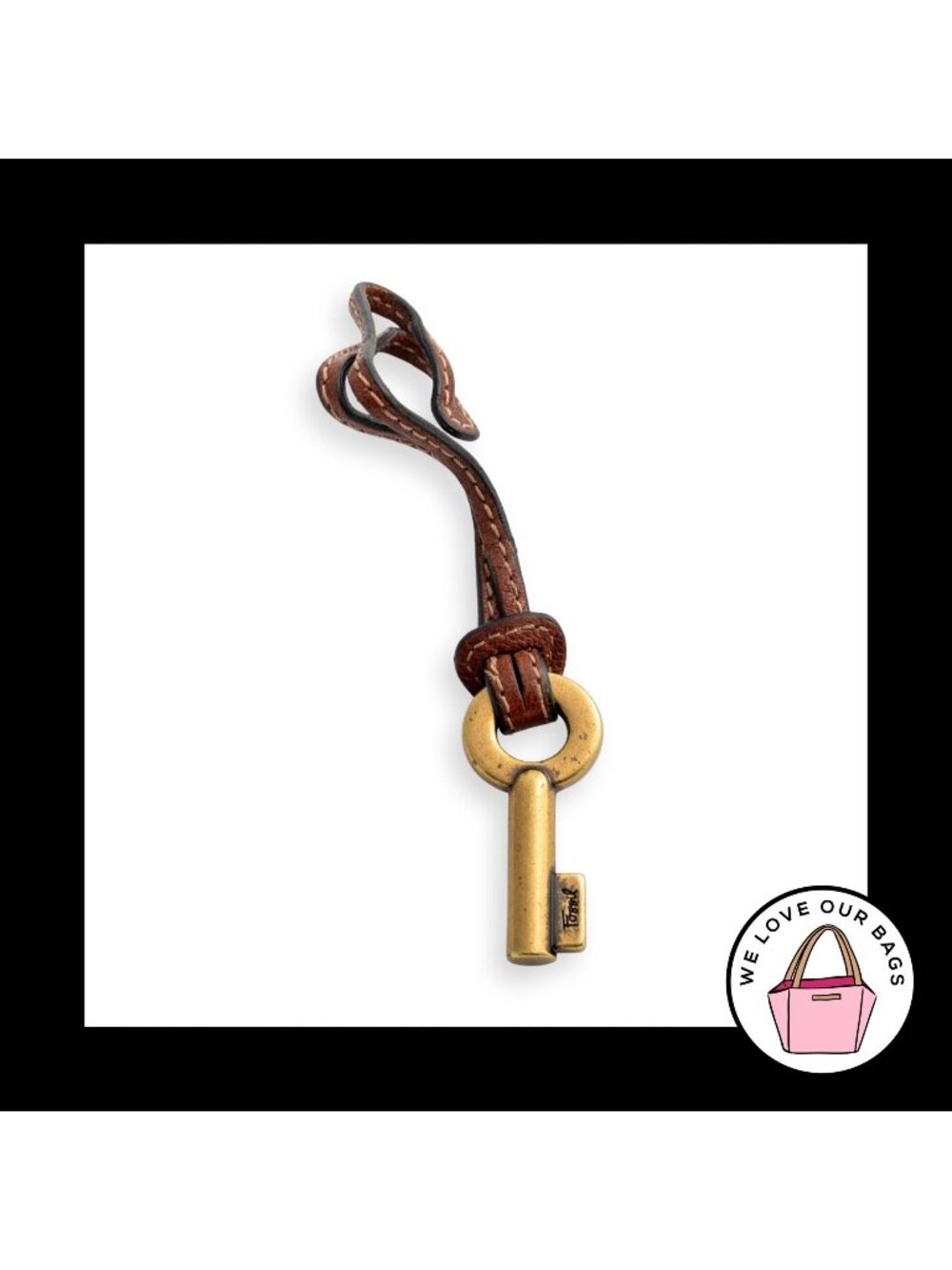 FOSSIL KEY Antique Gold Brass Brown Leather Strap Bag Charm HangTag Keychain Fob